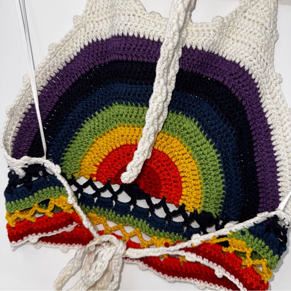 Stolen Hearts Crochet Rainbow Halter Bare Back Crop Top size s/m - Picture 5 of 9